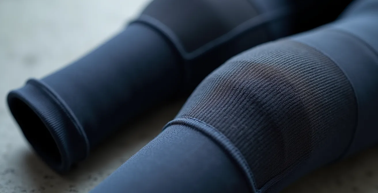 Mise en scène contrastée : manchon médical en pharmacie vs. manchon sportif en contexte d'entraînement, détails de qualité textile