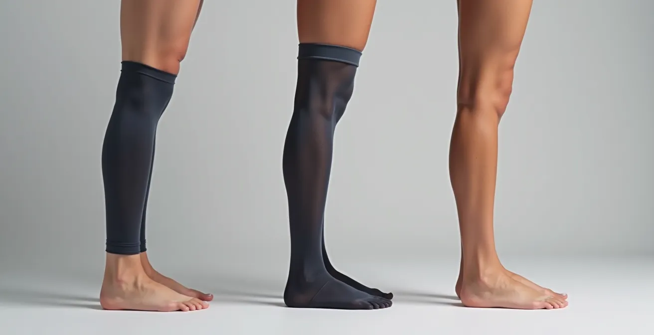Comparaison visuelle : manchon, chaussette et bas de compression sur jambes, perspectives latérales minimalistes