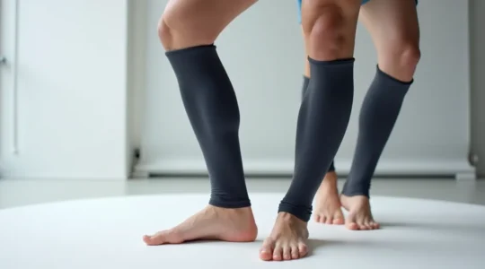 Manchon de compression médicale porté sur mollet, mise en scène réaliste et minimaliste