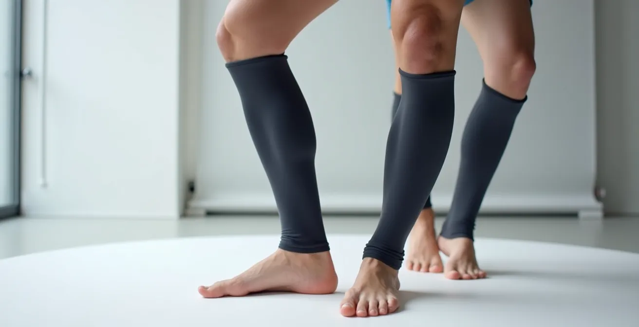 Manchon de compression médicale porté sur mollet, mise en scène réaliste et minimaliste