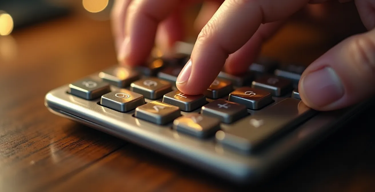 Gros plan sur des mains utilisant une calculatrice avec reflets dorés