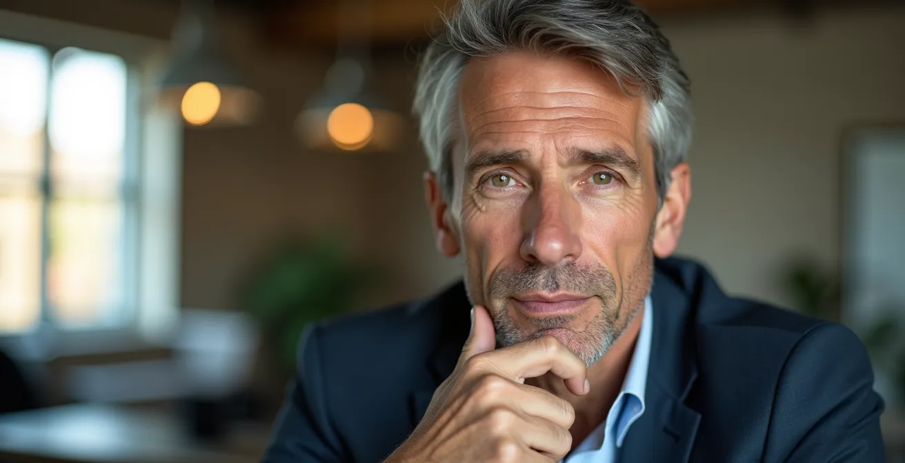 Portrait rapproché d'une personne réfléchissant avec expression concentrée