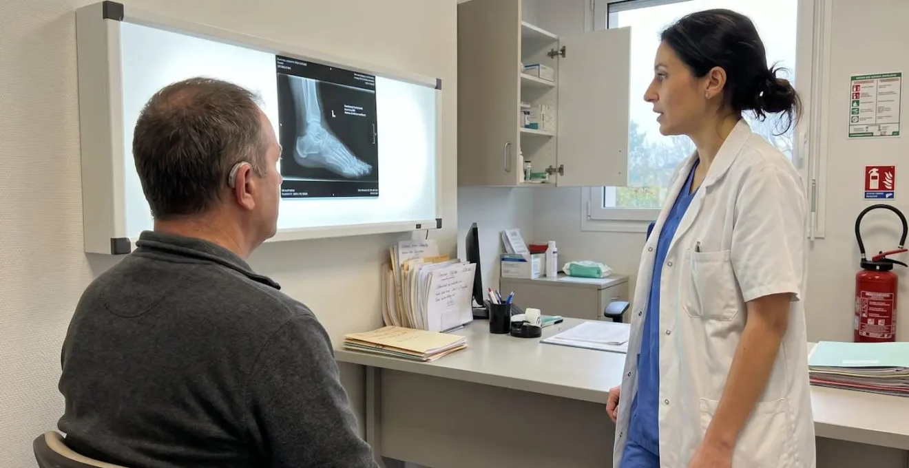 Un chirurgien orthopédiste et son patient examinent ensemble une radiographie de pied sur un écran dans un cabinet médical lumineux