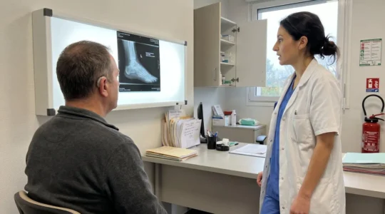 Un chirurgien orthopédiste et son patient examinent ensemble une radiographie de pied sur un écran dans un cabinet médical lumineux