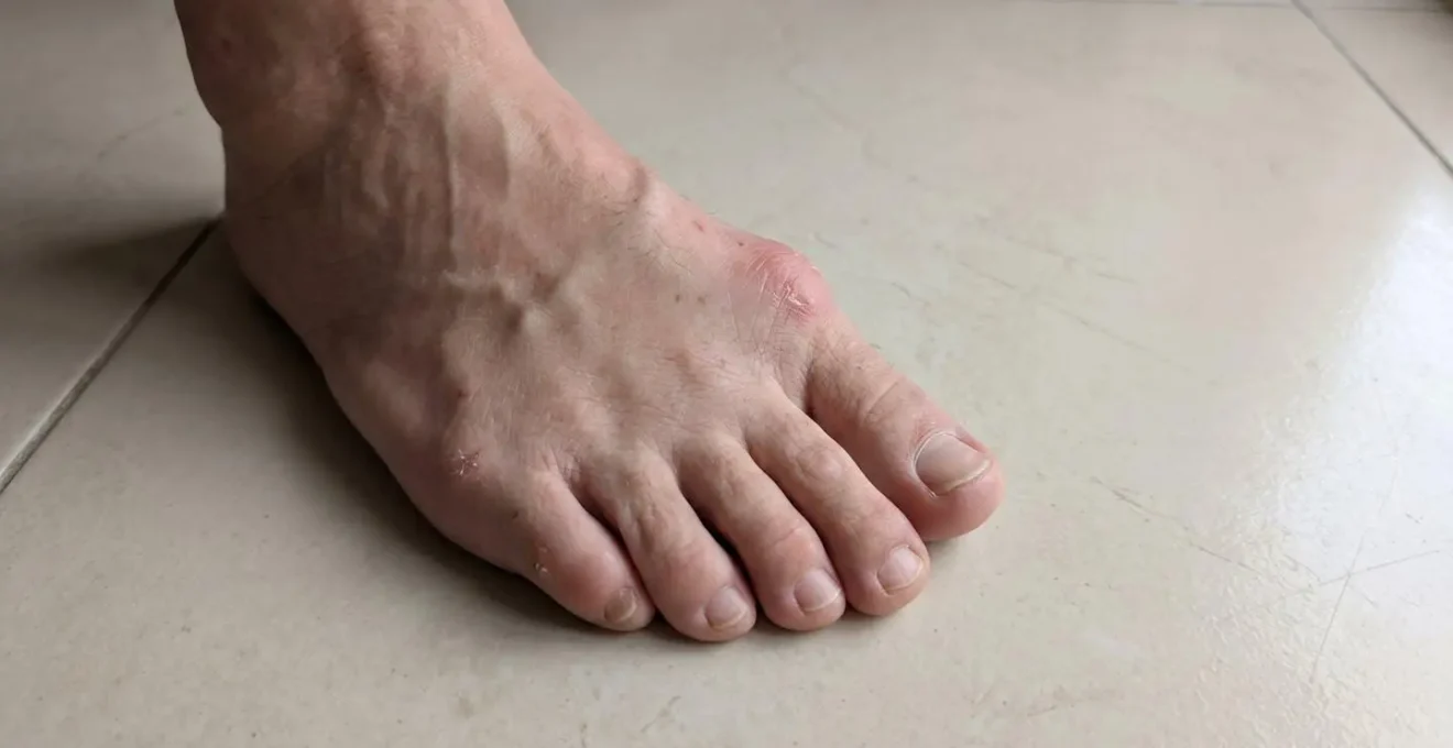 Gros plan macro d'un pied présentant un hallux valgus : déviation visible du gros orteil, saillie osseuse latérale et légère rougeur cutanée