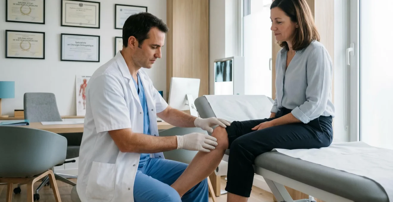 Chirurgien orthopédiste examinant le genou d'un patient lors d'une consultation spécialisée dans un cabinet médical moderne