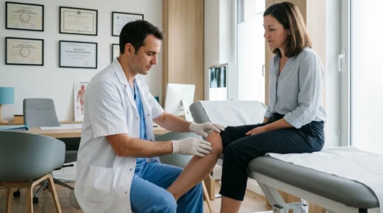 Chirurgien orthopédiste examinant le genou d'un patient lors d'une consultation spécialisée dans un cabinet médical moderne