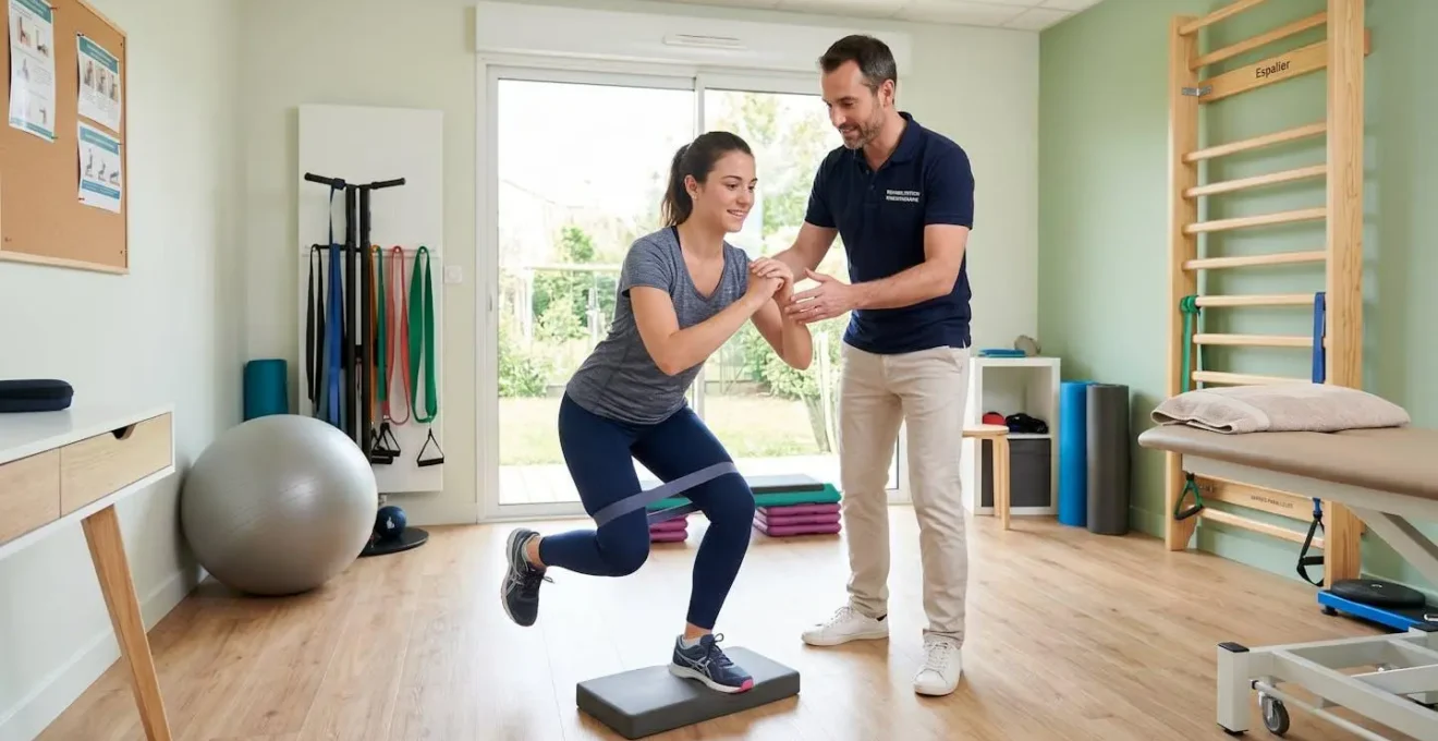 Patient effectuant des exercices de rééducation du genou avec un kinésithérapeute dans un centre de rééducation moderne