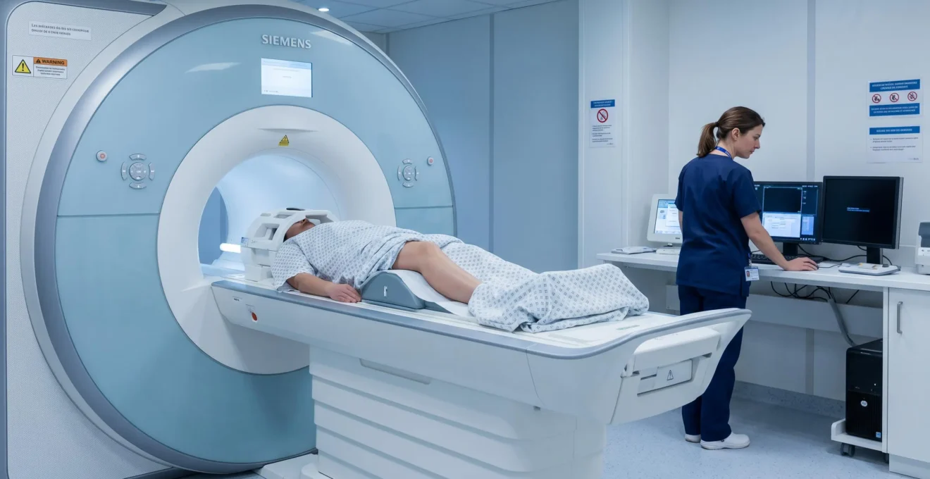 Patient passant une IRM du genou dans une salle d'imagerie médicale moderne pour diagnostic lésionnel précis
